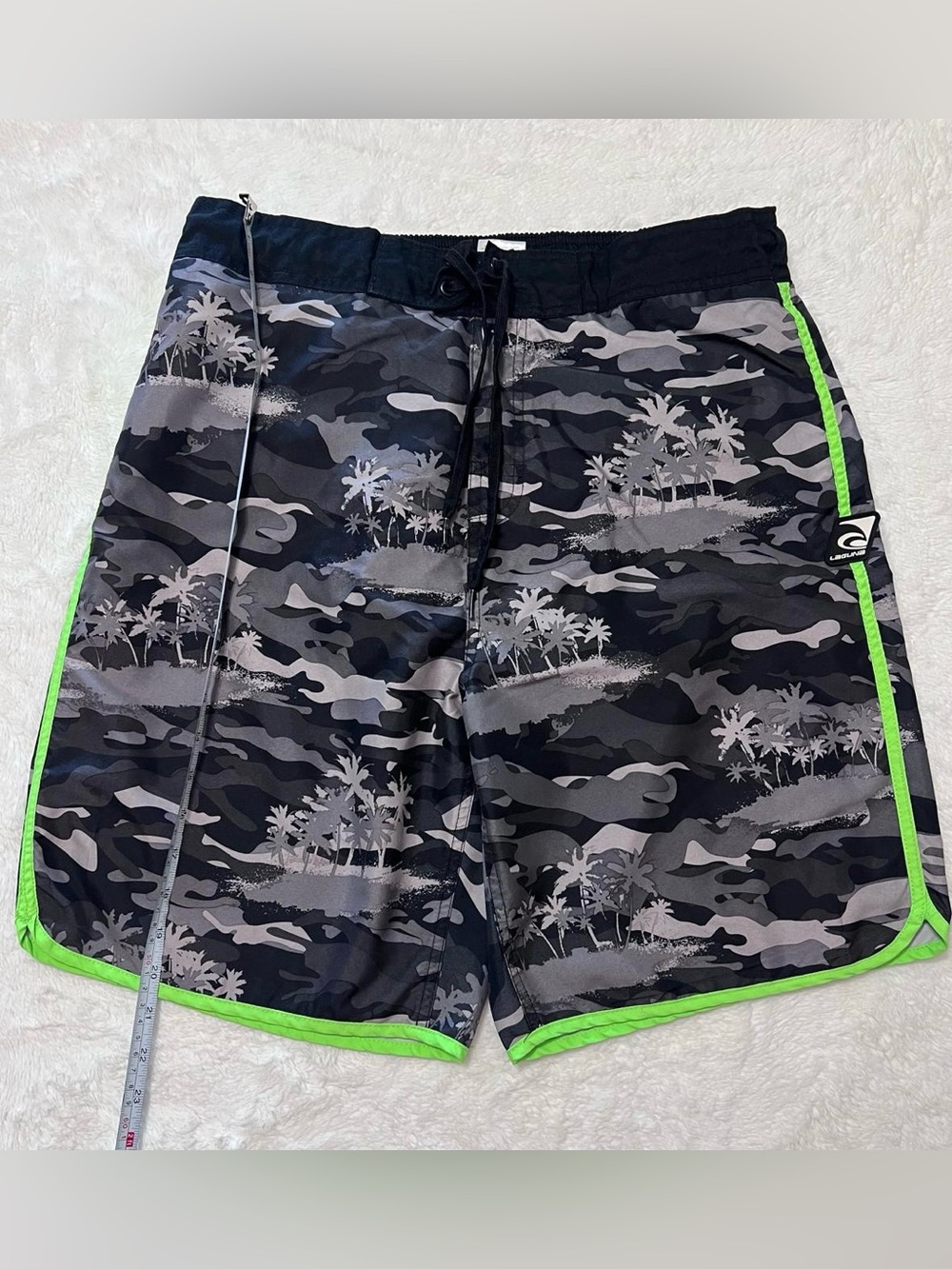 Laguna B Men's Black & Gray Camo Palm Swim Board Shorts with Neon Green Trim